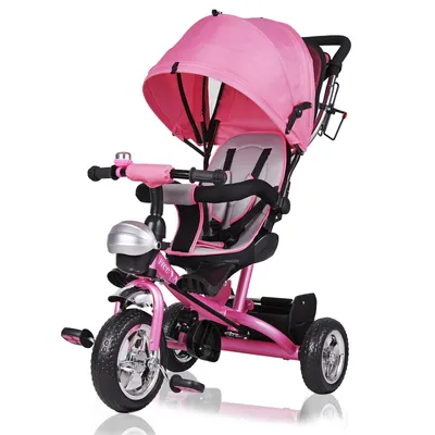 Image de SPIELWERK® Tricycle évolutif 4en1 avec barre de poussée rose 10 à 36 mois Guidon Panier Vélo pare-soleil pliable siège rotatif