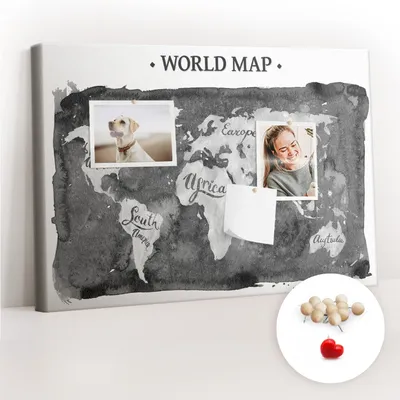 Immagine prodotto di Pannello di sughero con puntine - Bacheca con puntine per foto e appunti - 60x40 cm - Spille di legno, 100 pezzi - Mappa del mondo in stile retrò