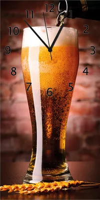 Produktbild von Wallario Design Wanduhr Frisches Pils aus Echtglas, Größe 30 x 60 cm