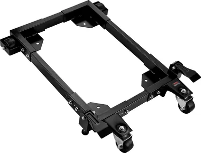 A black metal mobile base with wheels, shown against a white background.