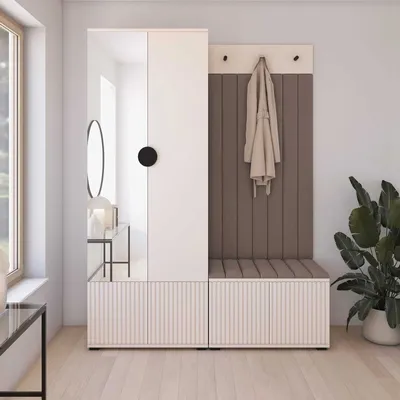 Produktbild von Garderoben-Set Ritmo Version 1 – gefräste Kleiderschrank mit Spiegel, mit Polsterplatten, Schuhschrank, für  Eingangsbereich (Cashmere, Trinity 06)
