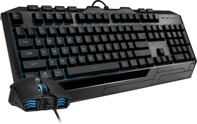 A black gaming keyboard and mouse set with blue LED lighting, shown from a slightly elevated front-left angle against a white background.