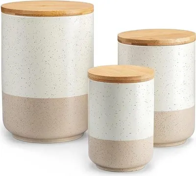 Produktbild von Keramik-Vorratsbehälter mit luftdichtem Deckel, Vorratsbehälter 2400 ml/1250 ml/600 ml, langlebige Küchen-Vorratsbehälter für Kaffee, Zucker, Tee, Getreide, Mehl, Gewürze, Beige