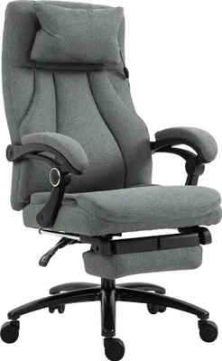 A gray office chair with a headrest and footrest is shown against a white background.