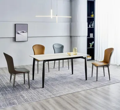 Produktbild von Esszimmergruppe Designer Weißer Esstisch 4x Lederstühle Sitzgruppe 5tlg