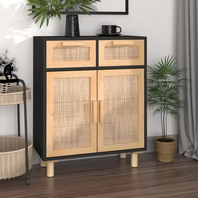 Zdjęcie produktu dla vidaXL Kredens czarny 60x30x75 cm z litego drewna sosnowego i naturalnego rattanu
