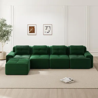 Produktbild von MODFU 4-Sitzer Modulares Sofa Cord mit Schlaffunktion,L-förmiges Big Sofa mit Geschwungene Rückenlehne und 1 Ottoman,Schlafsofa,Grün