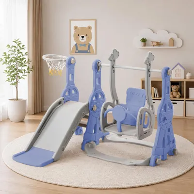 Productafbeelding van INONEFT Schommel en glijbaan voor kinderen, 4-in-1: glijbaan, binnenglijbaan met basketstandaard, klimladder, geschikt voor kinderen van 1-5 jaar, voor binnen- en buitengebruik, blauw, AI-gegenereerde afbeelding
