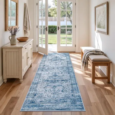 Vintage Läuferteppich 60x180 cm Blau, rutschfest, maschinenwaschbar