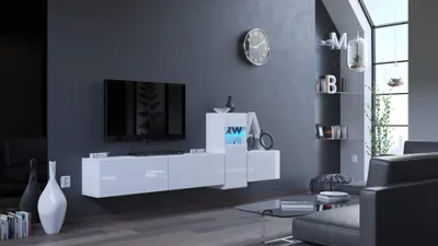 Produktbild von Furnitech Wohnwand Wohnzimmer - Hängend Wohnwand Modern - Regale und TV Schrank - Wohnzimmer Möbel ohne LED (Vector AN61-HG-W-2 1A)