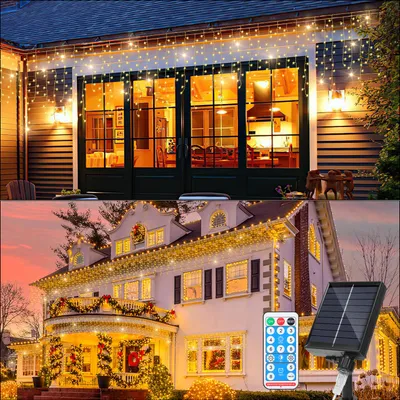Zdjęcie produktu dla Jayseuw 15M LED Solar Fairy Lights Zewnętrzna wodoodporna kurtyna świetlna LED Ice Rain 600 LEDs Icicle Light Curtain z pilotem zdalnego sterowania Dekoracja ogrodu wewnątrz i na zewnątrz Ciepła biel