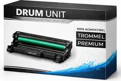 A product box for a drum unit, with the drum unit itself shown in front of the box.