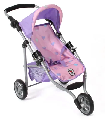 Produktbild von Bayer Chic 2000 Puppenbuggy Lola | Jogging-Buggy für Puppen bis 50 cm | Höhenverstellbar & faltbar mit Sicherheitsgurt | Ab 3 Jahren, Herzchen lila