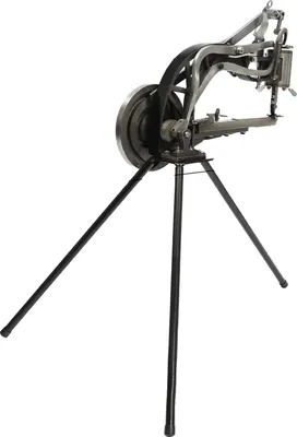 A manual shoe repair sewing machine on a tripod stand, isolated on a white background.