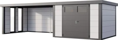 Produktbild von Telluria Metallgerätehaus Classico 3030 mit Lounge Anbau (ca. 450 cm Breite) inkl. 2 Fenstern weiß Lounge-Anbau links
