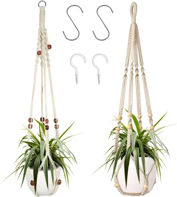 Produktbild von 2er Set Makramee Blumenampel Baumwollseil Hängeampel Blumentopf Pflanzenhalter für Innen Außen Decken mit 4 Haken, beige