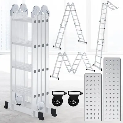 Obrázok produktu pre Vigevee 7v1 univerzálna rebrina, 4x4 stupne z hliníka, výška cca 470 cm / 4,7 m, multifunkčná skladacia rebrina s 2 platformami a 2 kolieskami, maximálna nosnosť 150 kg