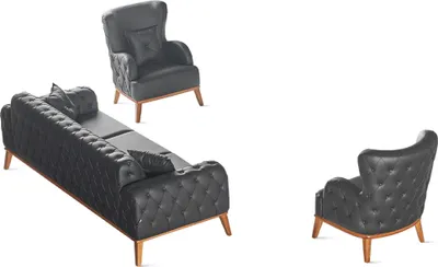 Produktbild von Schwarze Arbeitszimmer Garnitur Moderner Kunstleder 3-Sitzer 2x Sessel