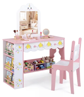 Produktbild von COSTWAY Kinderschminktisch, Schminktisch mit 2 Schubladen, Stuhl & Spiegel, Bücherregal & Ablagefach, Kosmetiktisch, Frisiertisch für Mädchen ab 3+
