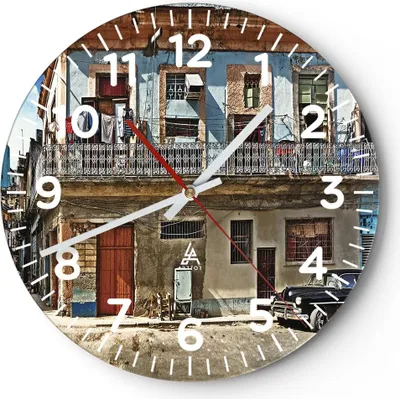 Produktbild von Wanduhr - Rund - Glasuhr - Kuba Havanna Balkon - 40x40cm - Schleichendes Uhrwerk - Lautlos - zum Aufhängen bereit - Dekoration Modern - Wanddekoration aus Glas - C4AR40x40-4255