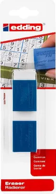 Product packaging for two erasers, with a background image of a Sudoku puzzle.