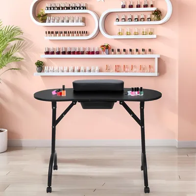 Zdjęcie produktu dla Stół do manicure Ikodm, wymiary 90 x 37 x 70 cm, z podłokietnikiem i obrotowymi kółkami, kolor czarny