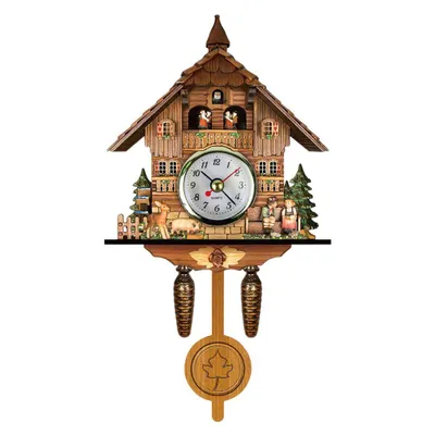 A decorative cuckoo clock designed to look like a wooden house, with figures and a deer.