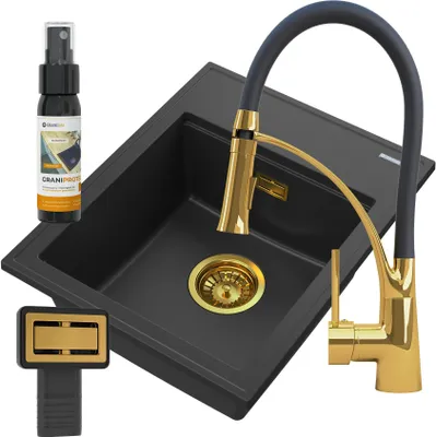 Zdjęcie produktu dla Granitan | Zlewozmywak granitowy – 50 x 40 cm – czarny – bateria NEXO Gold – ALOR
