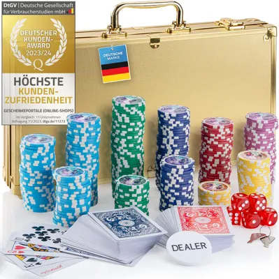 Produktbild von Profi Pokerkoffer Pokerset inkl. 300-500 schwerer 12g Metallkern Poker-Chips; Pokerdeck, Pokerkarten, Würfel, Dealer-Button - Farbe: Gold 300 Chips