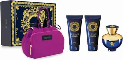 A Versace gift set containing a perfume bottle, two lotions, and a cosmetic bag, presented on a white background.