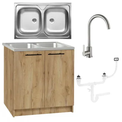 Produktbild von Stamar | Küchenschrank, Eiche Gold 80 cm, Spüle, 2 Becken, Hochdruckarmatur Chrom, Siphon