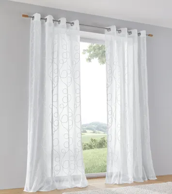 Produktbild von Vorhang Jasmin weiß halbtransparent – Bestickt, Kreise – mit Ösen – Gardine modern – leicht, luftig & dekorativ – ideal für Wohnzimmer, Schlafzimmer & Küche - B 135 x H 145 cm (1Stk)