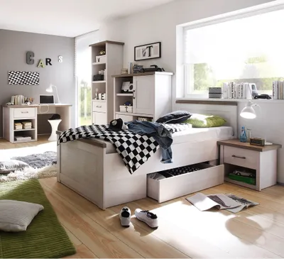 Produktbild von Jugendzimmer Kombination im Landhaus Design LUND-78 in Pinie weiß Nb./Trüffel Eiche Nb.