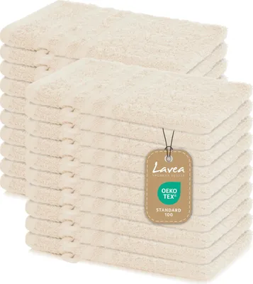 Produktbild von Lavea® 20er Waschhandschuh Set Elena, 100% Baumwolle Frottee, Waschlappen saugstark & weich, für Körper und Gesicht, 60 °C, trocknergeeignet, Creme, 15 x 21 cm