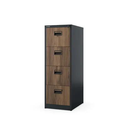 A filing cabinet with four drawers with a wood-grain finish on a white background.