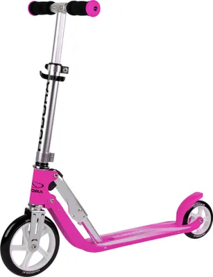 A pink and silver scooter is shown against a white background.