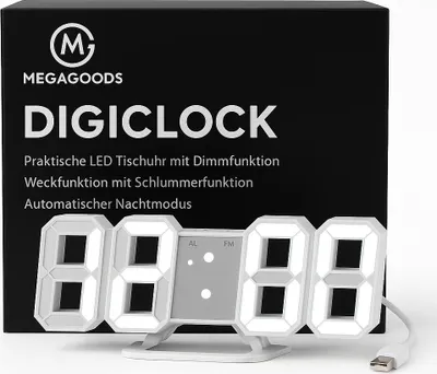 Produktbild von 3D LED Digitaluhr Wanduhr dimmbar mit Nachtmodus modern DE.