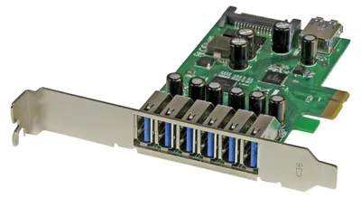 Produktbild von StarTech.com 7 Port PCI Express USB 3.0 (5 Gbit/s) Karte, PCIe, SATA, USB 3.2 Gen 1 (3.1 Gen 1), Full-height / Low-profile, Grün, Metallisch, 3 m, 1920042 h
