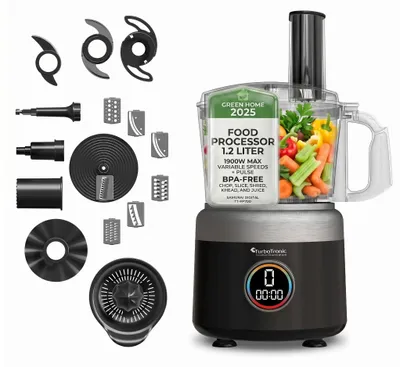 Produktbild von TurboTronic Küchenmaschine 800 W – FP800 – 1,2-L-Behälter, Zerkleinerer, Mixer und Zitruspresse, multifunktionaler Food Processor, BPA-frei, Schwarz/Rot
