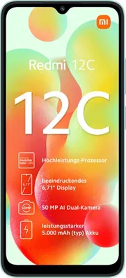 Marketing image for a Xiaomi Redmi 12C smartphone, highlighting its features.