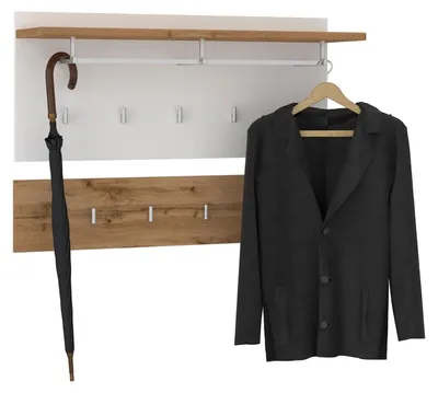 Produktbild von Wandgarderobe BILBAO 2-teilig, Wotan Eiche / Weiß, bietet neun Kleiderhaken, eine Kleiderstange und eine Hutablage. Weitere Features: Garderobenpaneel, Flurgarderobe, Garderobenset