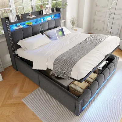 Produktbild von Polsterbett 140x200cm aus grauem Leinenstoff mit LED-Beleuchtung, USB-Steckdose, Kopfteilregal und hydraulischem Stauraum für Schlafzimmer