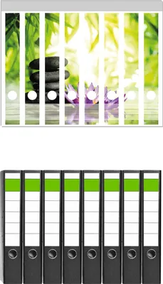 Produktbild von Wallario 8 Stück schmale Ordner inkl. Klebeetiketten mit Motive Steinstapel in schwarz mit Blumenblüte in lila -  Set mit Rückenschildern / Ordnerrücken Stickern