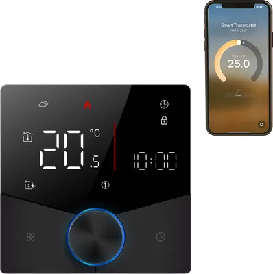 A smart thermostat and a smartphone displaying its app are shown against a white background.