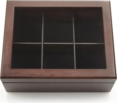 Produktbild von Teebox Holz Luxus Aufbewahrung 6 Fächer Teebeutel Sichtfenster Eiche