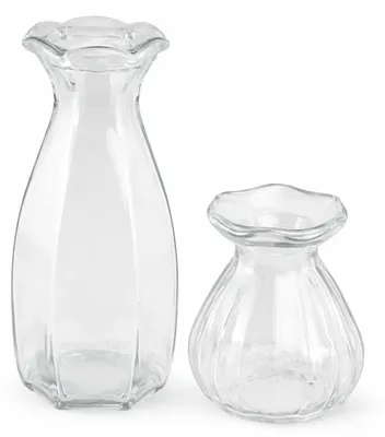 Zwei transparente Glasvasen im Set – große Blumenvase und kleine Mini-Vase mit gewelltem Rand vor neutralem Hintergrund.