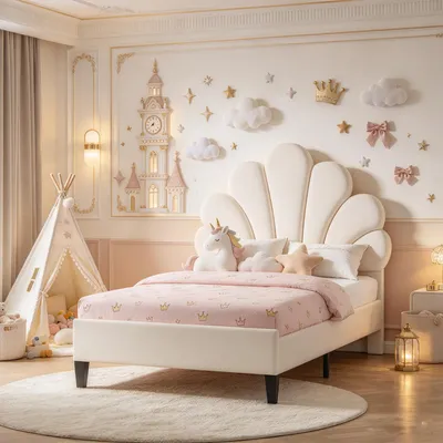 Productafbeelding van INONEFT Kinderbed 90x190 cm met hoofdeinde in bloemvorm, gestoffeerd bed met lattenbodem, prinsessenbed, eenpersoonsbed, meisjesbed, tienerbed, fluweel, beige