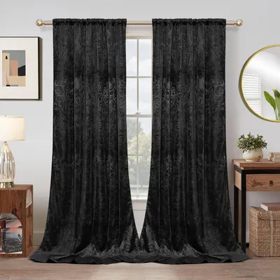 Produktbild von 2er Set Samtvorhänge Blumen Muster Blickdicht Samt Vorhang Multifunktionsband Gardinen für Schlafzimmer Wohnzimmer, Schwarz, B132xH213cm