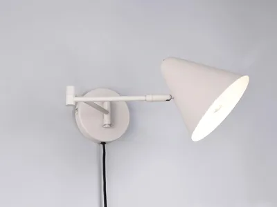 Produktbild von Retro LED Innen Wandleuchte Hellgrau mit Stecker, Schalter, Schwenkarm und Kabel