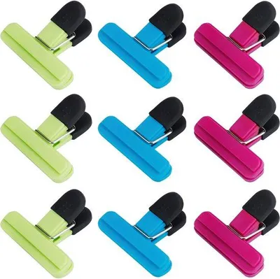 Productafbeelding van Ibenzoa® 9-delige set voedselafsluitclips van niet-giftig ABS-plastic, 3 kleuren (roze, lichtgroen, blauw), 7,7 x 6,5 cm – praktische clips om zakken af te sluiten, voor frisheid en overzicht